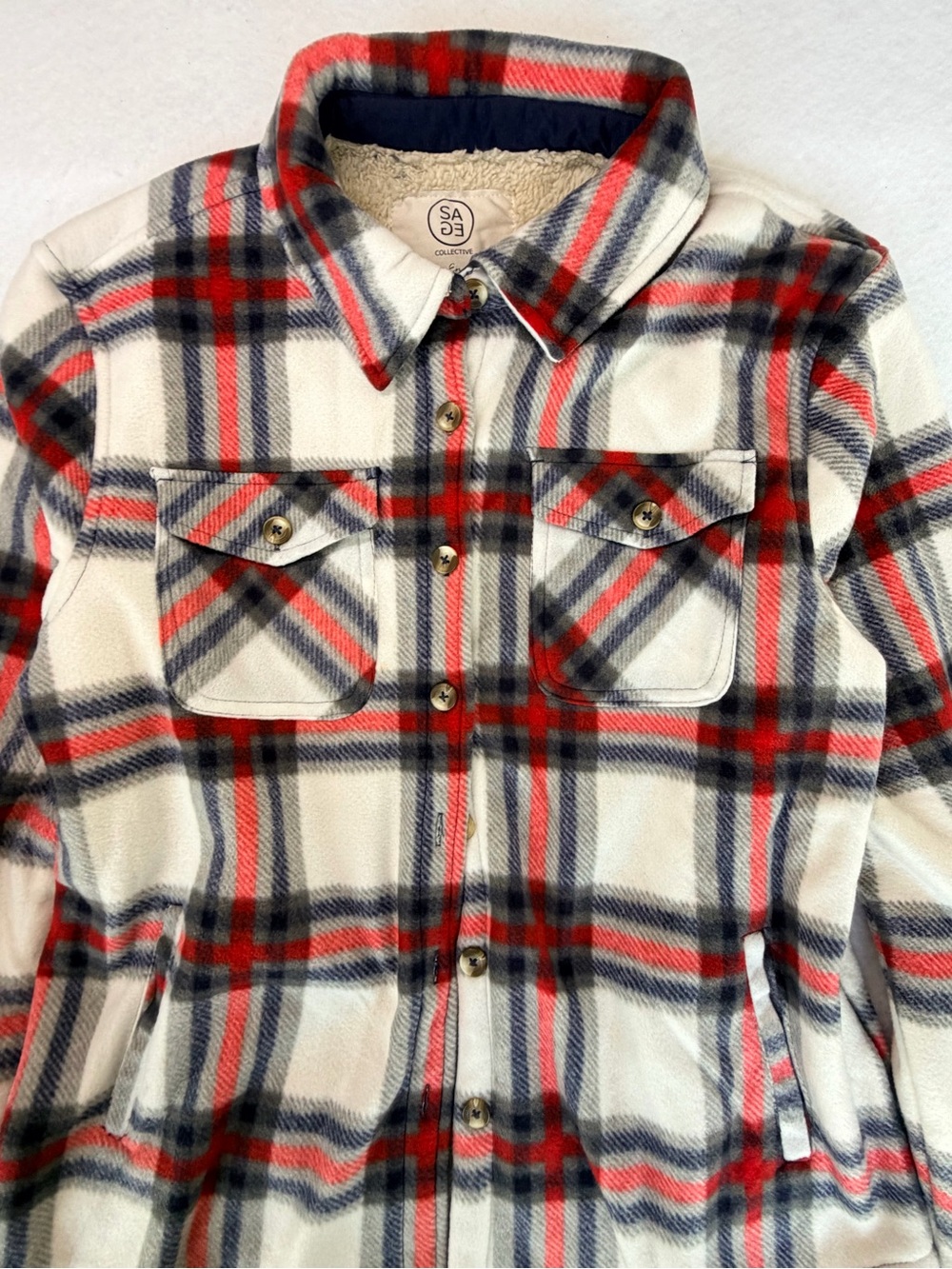 SAGE Plaid Sherpa-Lined Fleece Shirt Jacket - White, Red & Navy